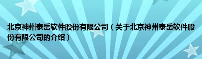 北京神州泰岳软件股份有限公司（关于北京神州泰岳软件股份有限公司的介绍）