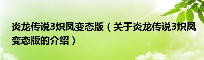 炎龙传说3炽凤变态版（关于炎龙传说3炽凤变态版的介绍）