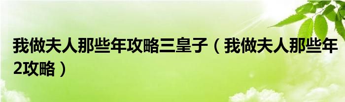 我做夫人那些年攻略三皇子（我做夫人那些年2攻略）