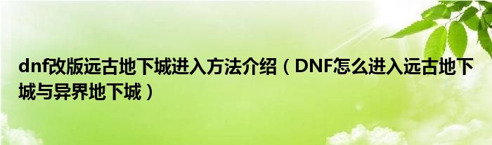 dnf改版远古地下城进入方法介绍（DNF怎么进入远古地下城与异界地下城）