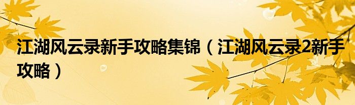 江湖风云录新手攻略集锦（江湖风云录2新手攻略）