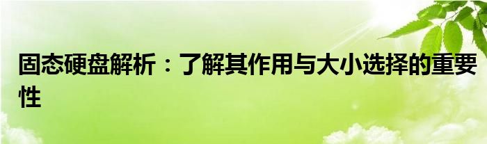 固态硬盘解析：了解其作用与大小选择的重要性